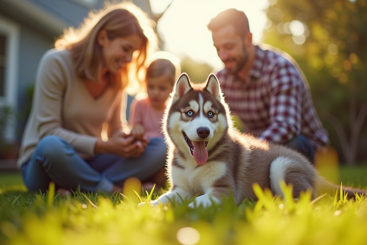 Famille rencontrant un chiot husky dans le jardin en plein soleil