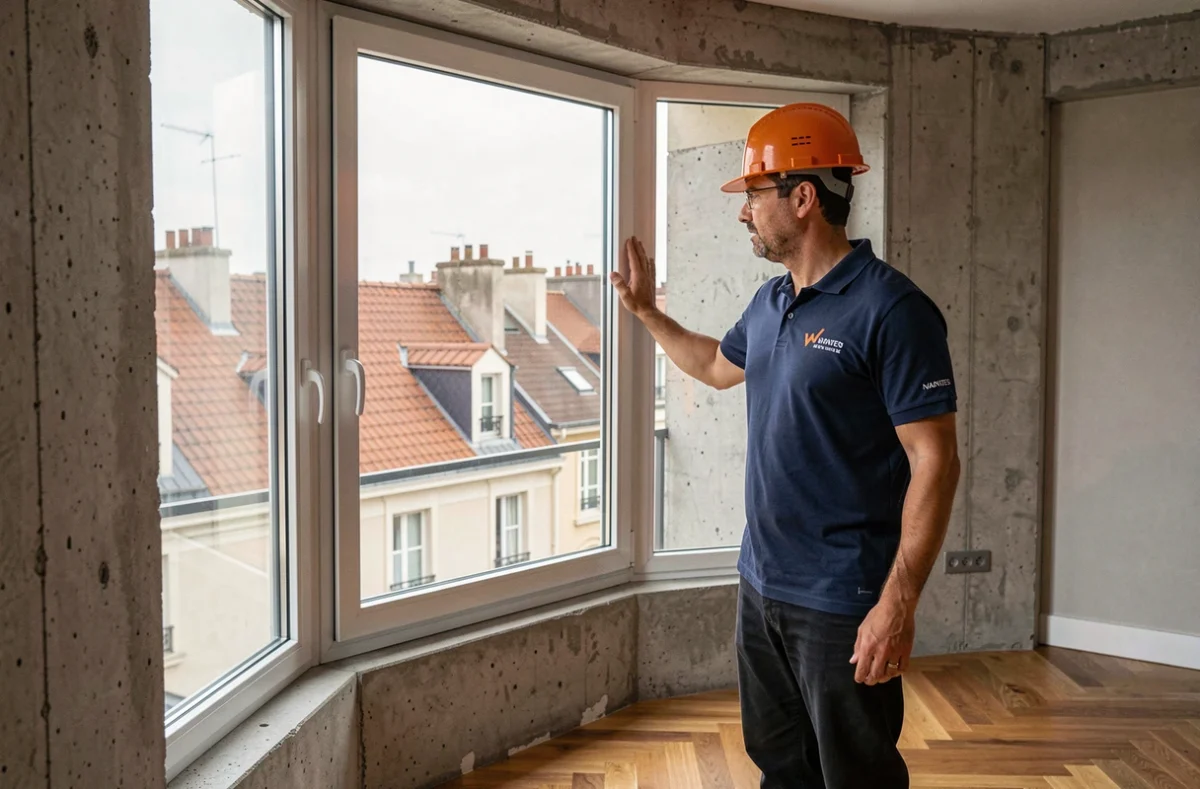 Spécialiste de Renov'Habitat 44 vérifiant une baie vitrée rénovée dans un appartement à Nantes