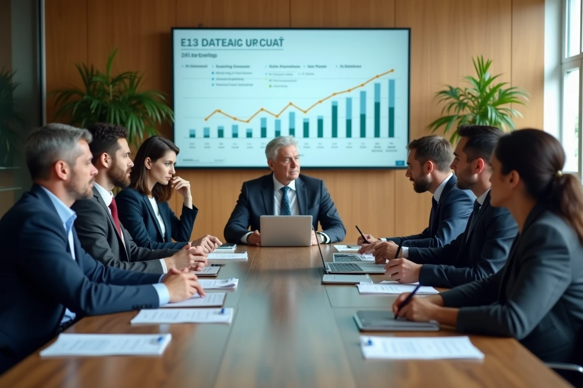 Equipe diverse en réunion autour d un ecran avec graphiques d energie