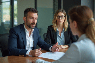 Homme en costume discutant avec une agente immobiliere