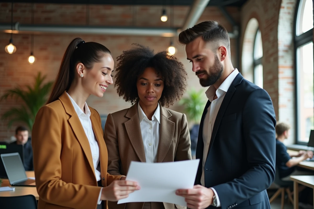 Groupe de trois professionnels en réunion debout autour d'un bureau dans un espace de coworking moderne, examinant un document