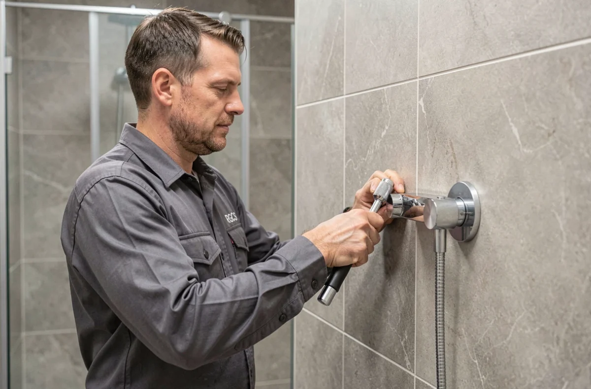 Plombier RGCS installant un mitigeur thermostatique dans une salle de bain moderne en Loire-Atlantique