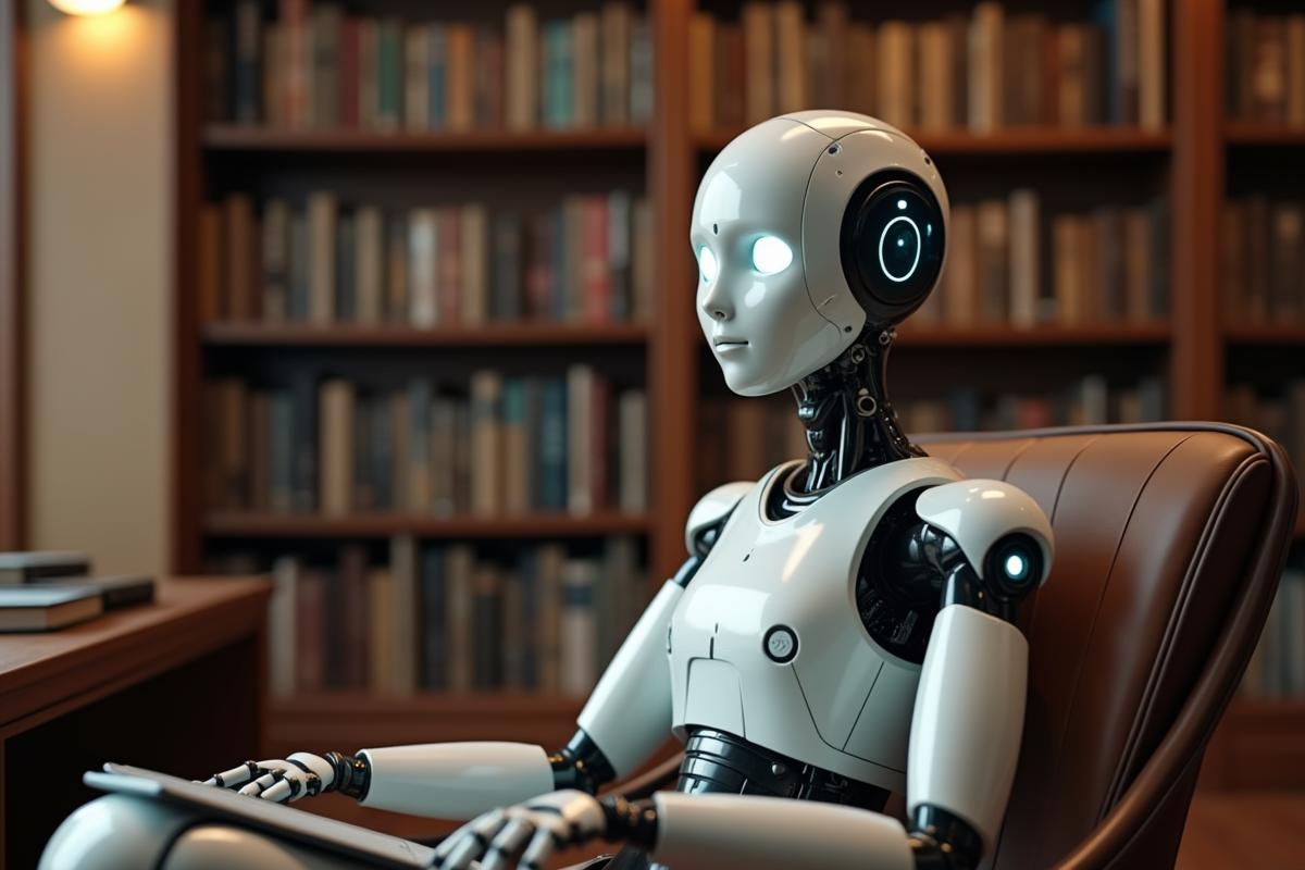 Robot humanoide dans une bibliothèque chaleureuse
