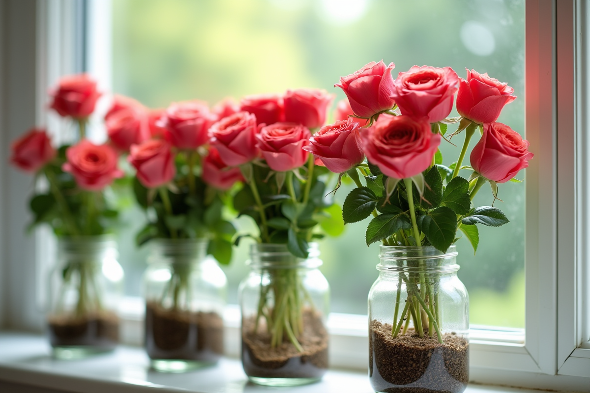Roses en racines dans des bocaux sur une fenêtre lumineuse