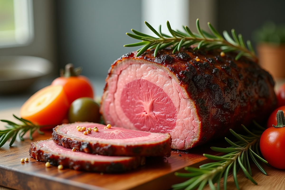 Rôti de boeuf tranché sur planche en bois avec légumes