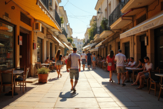 Rue ensoleillée dans la vieille ville de Nicosie à Chypre avec touristes