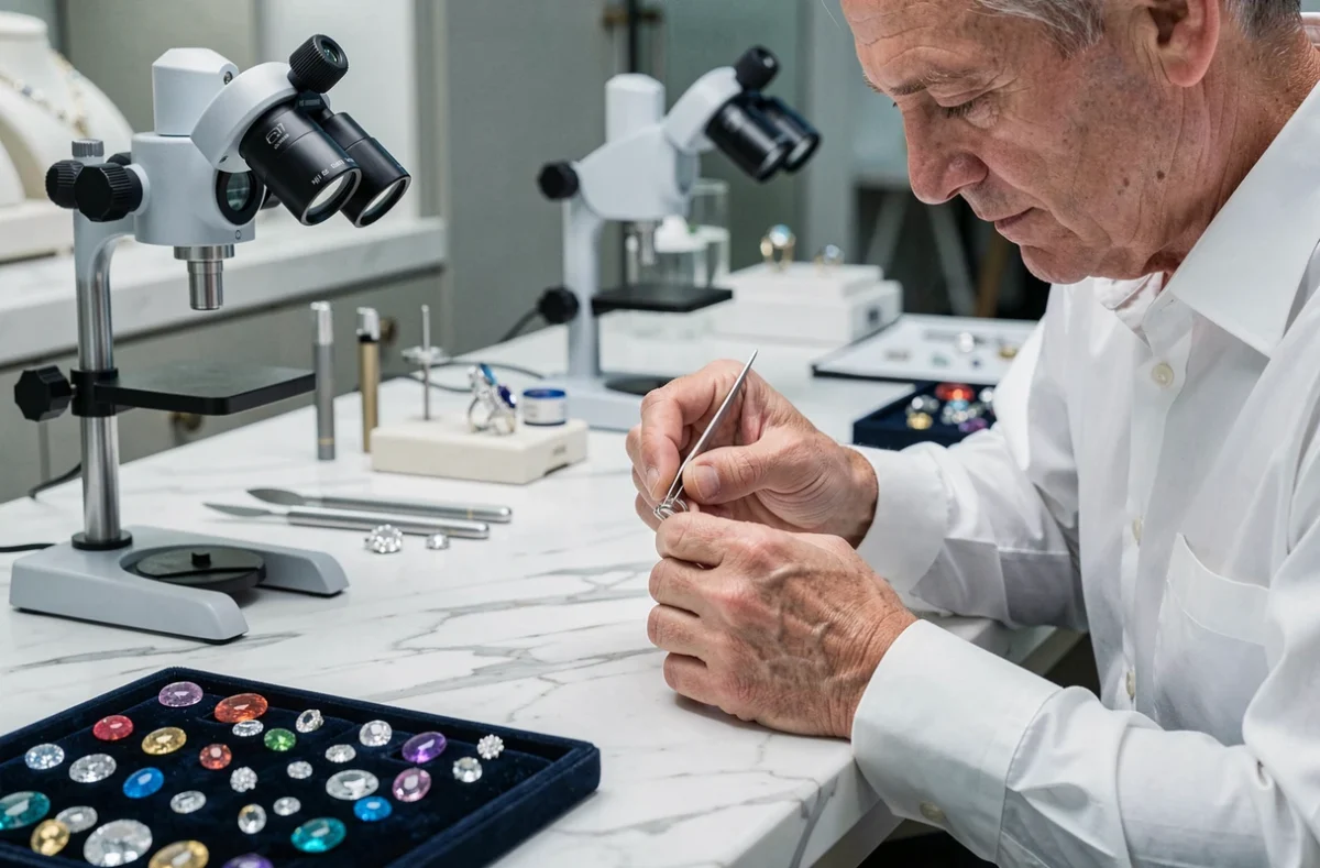 Maître joaillier Salmon sertissant un diamant dans une bague en platine dans son atelier