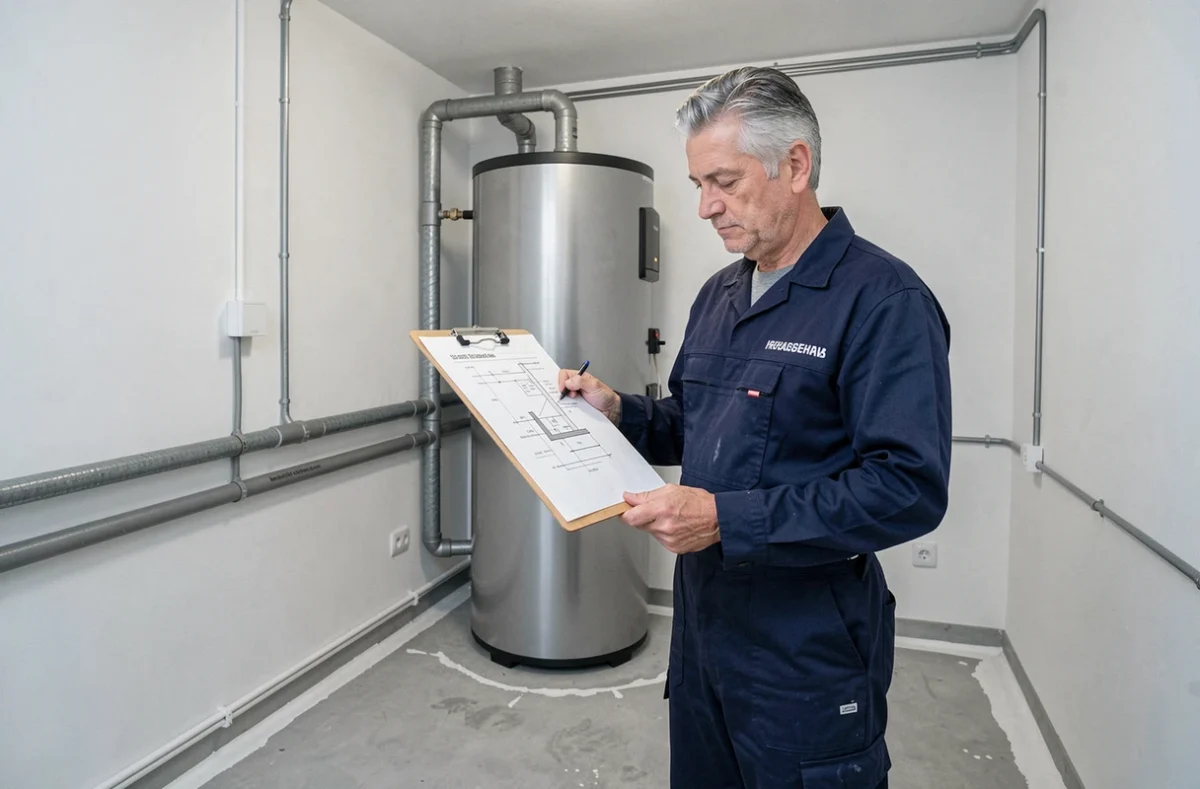 Technicien plombier-chauffagiste vérifiant un plan d'installation de chauffage dans une chaufferie moderne à Mayenne
