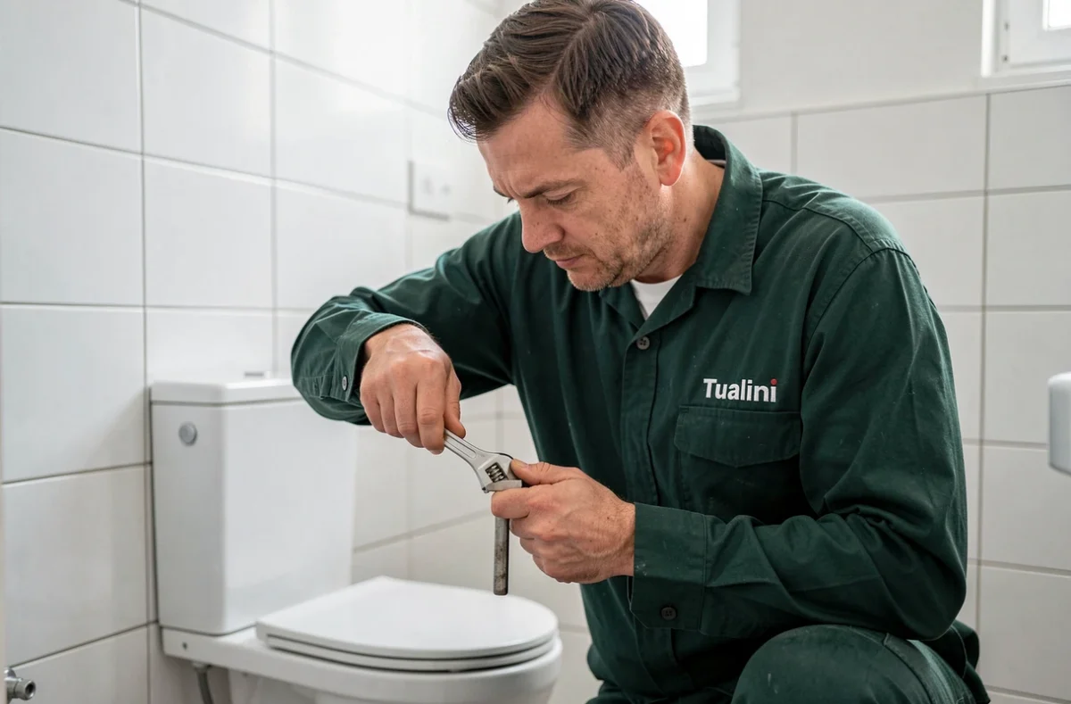 Technicien de la SARL Tualini en intervention dans une salle de bain lors d'une installation de plomberie
