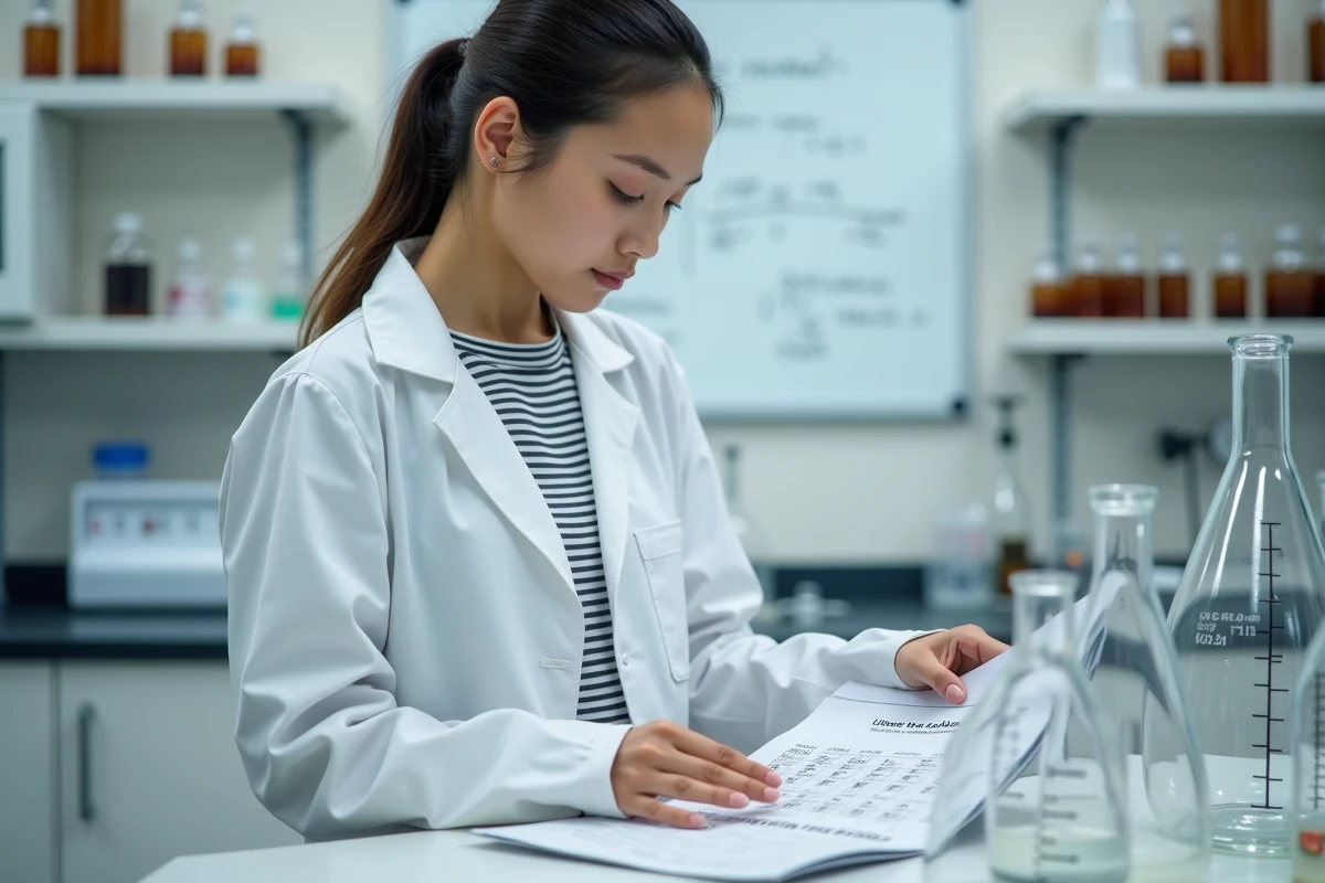 Scientifique en laboratoire consultant un tableau de conversion de litres en mètres cubes avec des instruments de mesure de volume