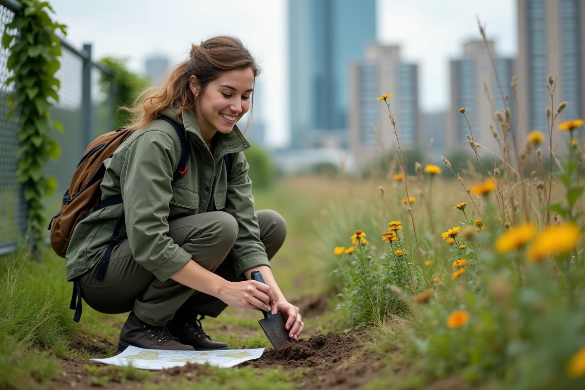 Scientifique environnementale prélevant des échantillons de sol dans une zone de rewilding urbain, illustrant le symbole écologique moderne de Gaïa