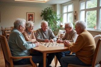 Groupe de seniors jouant à un jeu de société dans un salon lumineux