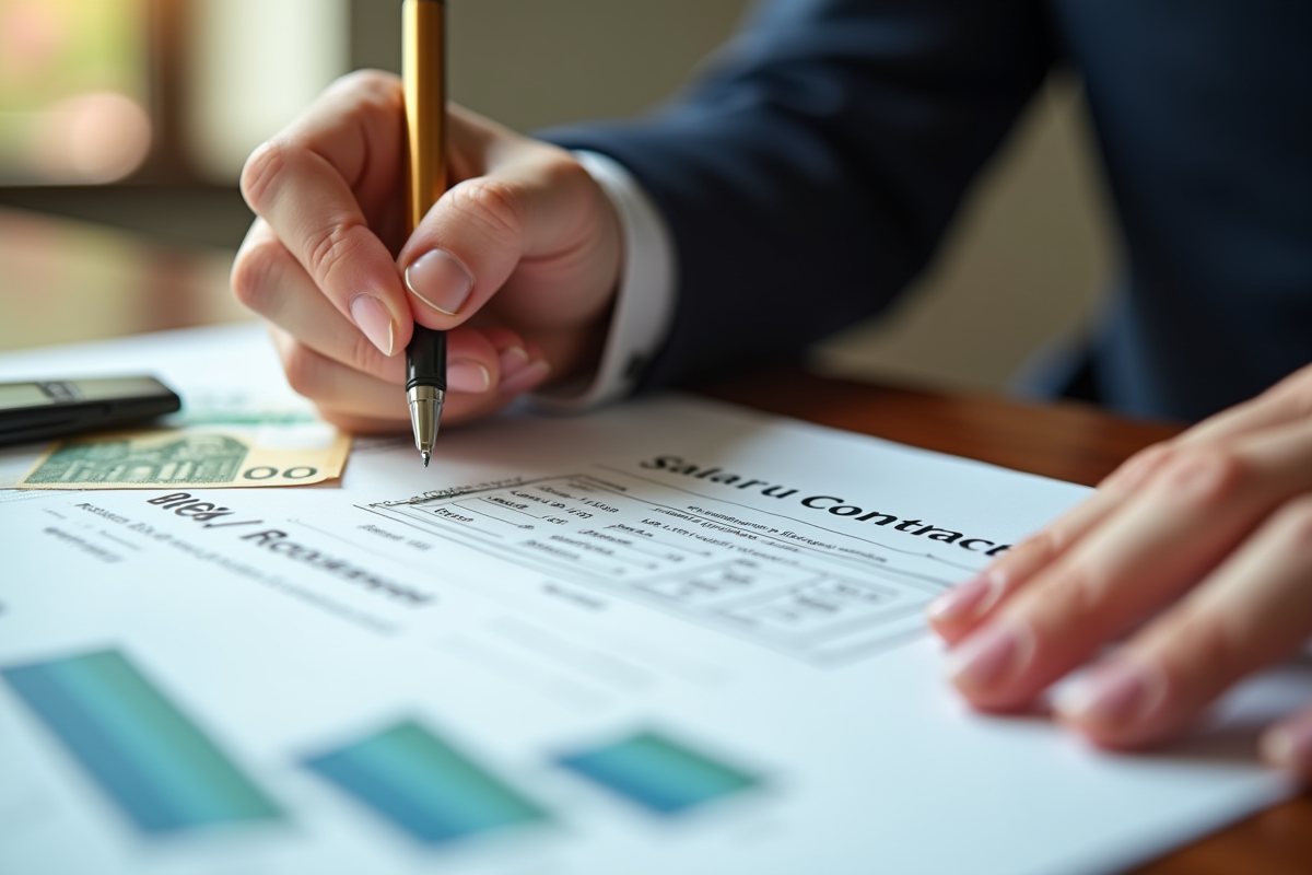 Mains signant un contrat de salaire avec des billets