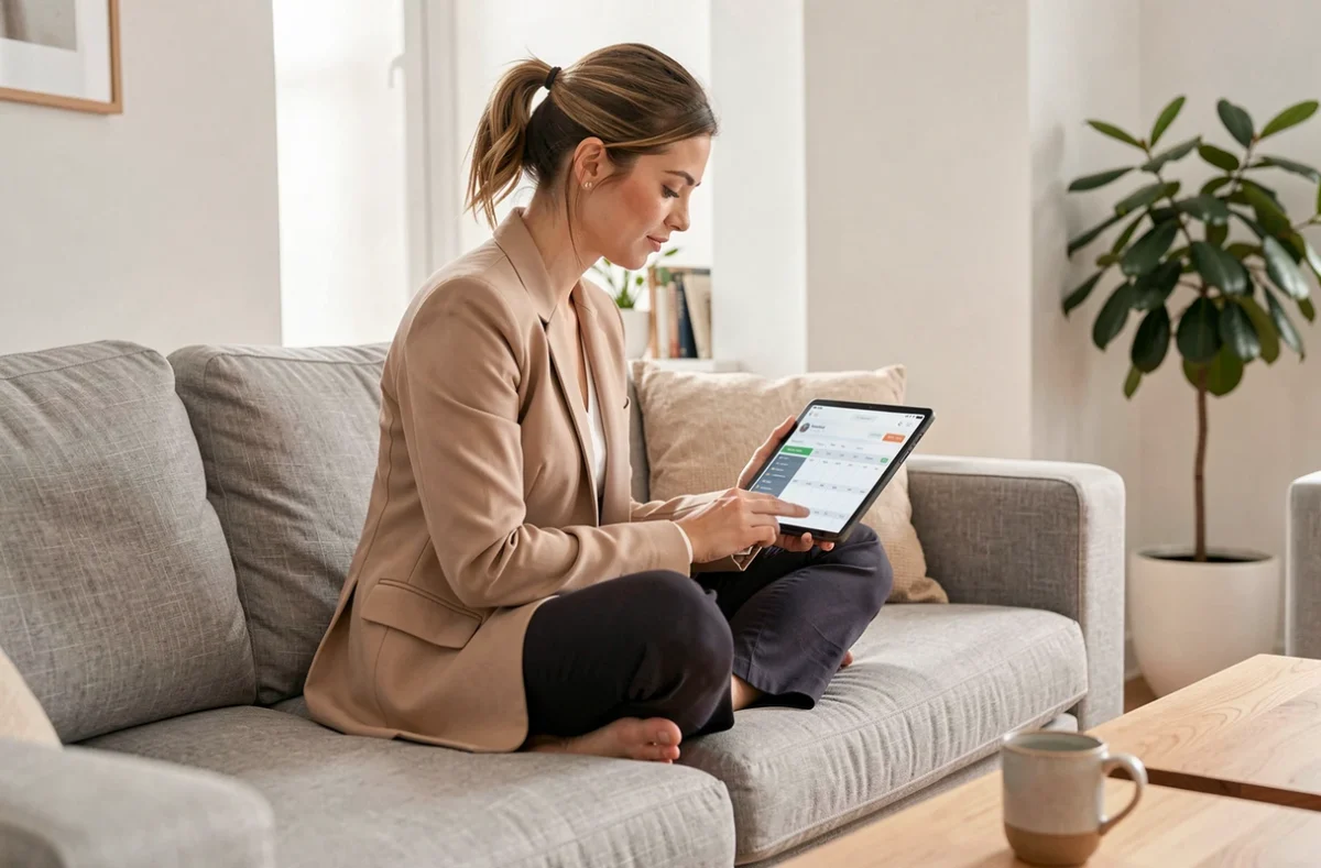 Jeune femme consultant une application de suivi d'objectifs hebdomadaires sur une tablette, assise sur un canapé dans un salon scandinave