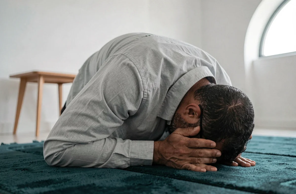 Homme en position de prosternation sujood sur un tapis de prière teal dans un appartement moderne lors d'une prière istikhara