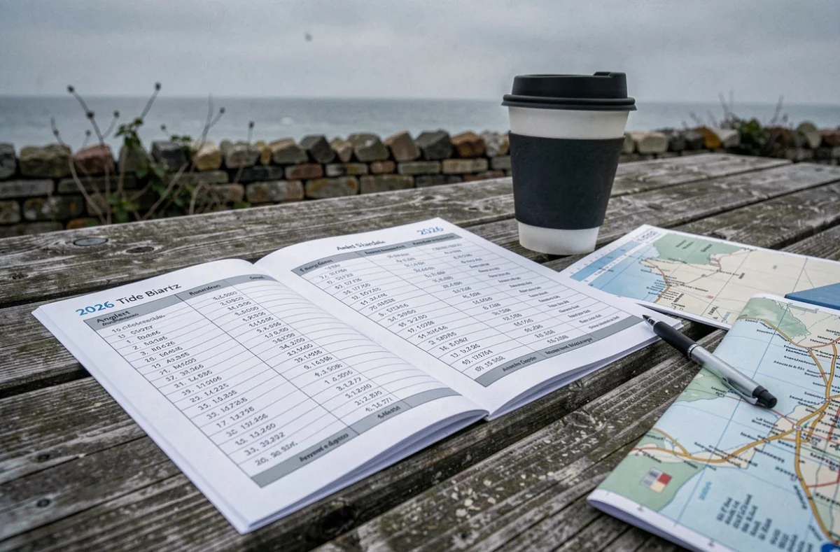 Tableau des marées 2026 pour Anglet et la côte basque posé sur une table en bois avec carte nautique