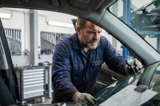 Technicien auto inspectant un pare-brise dans l'atelier