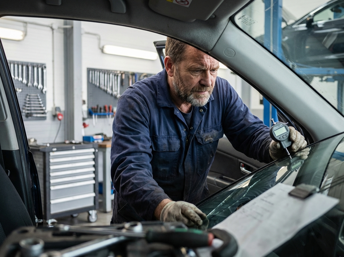 Technicien auto inspectant un pare-brise dans l'atelier