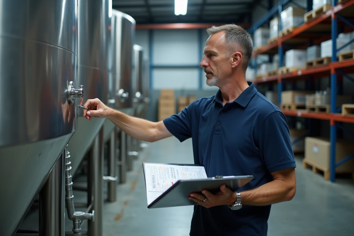Technicien industriel consultant un tableau de conversion de volumes en litres et mètres cubes devant une cuve de stockage