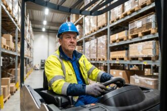 Technicien en haute visibilité maniant un chariot élévateur dans un entrepôt