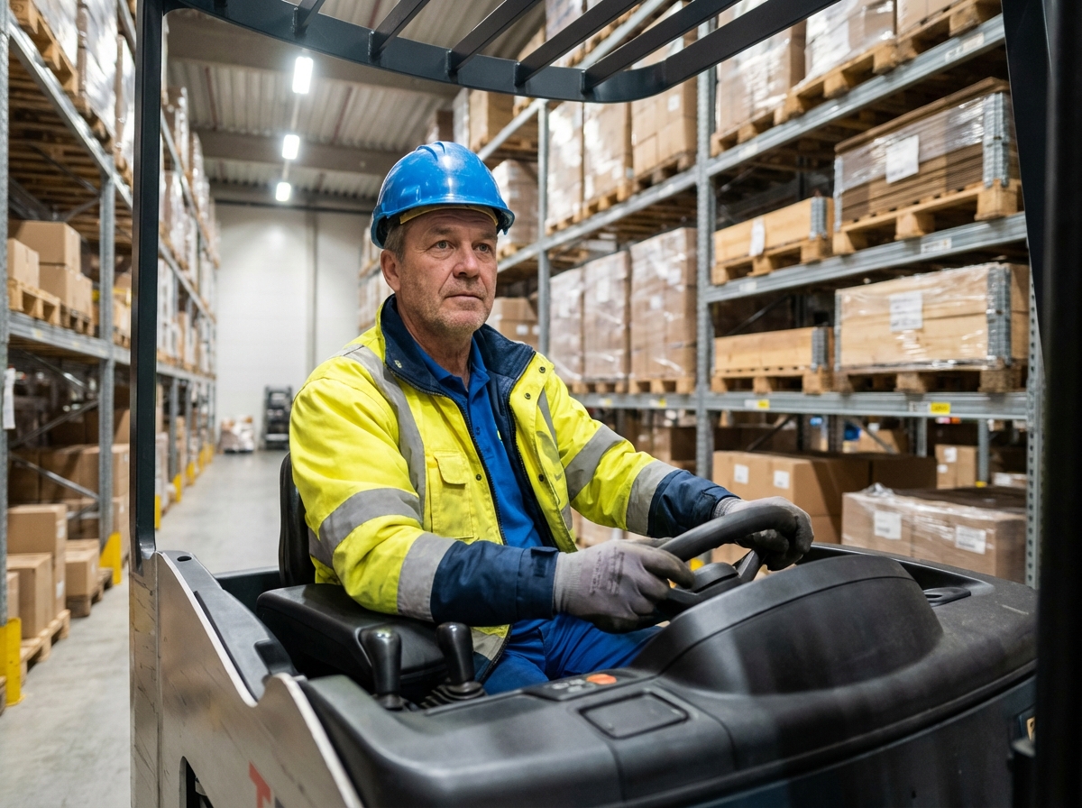 Technicien en haute visibilité maniant un chariot élévateur dans un entrepôt