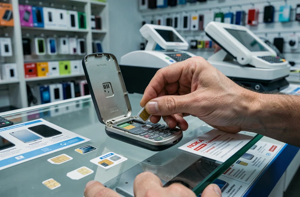 Technicien insérant une carte SIM dans un vieux Nokia ouvert sur un comptoir de réparation mobile avec différentes tailles de SIM visibles