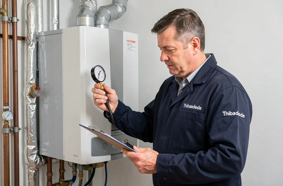 Technicien Thibaudeau SARL inspectant une chaudière résidentielle lors d'une maintenance en Loire-Atlantique