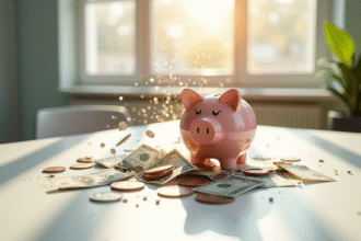 Tirelire en céramique brisée avec des pièces et billets d'argent