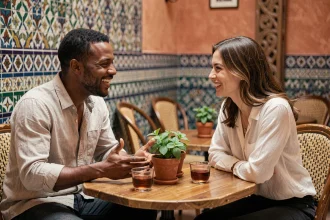Homme marocain et femme française riant ensemble dans un café franco-marocain, illustrant la traduction et l'humour interculturel
