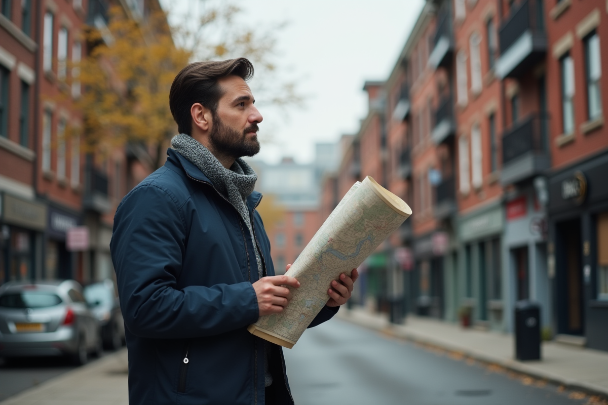 Jeune urbaniste observant un quartier mixte en ville