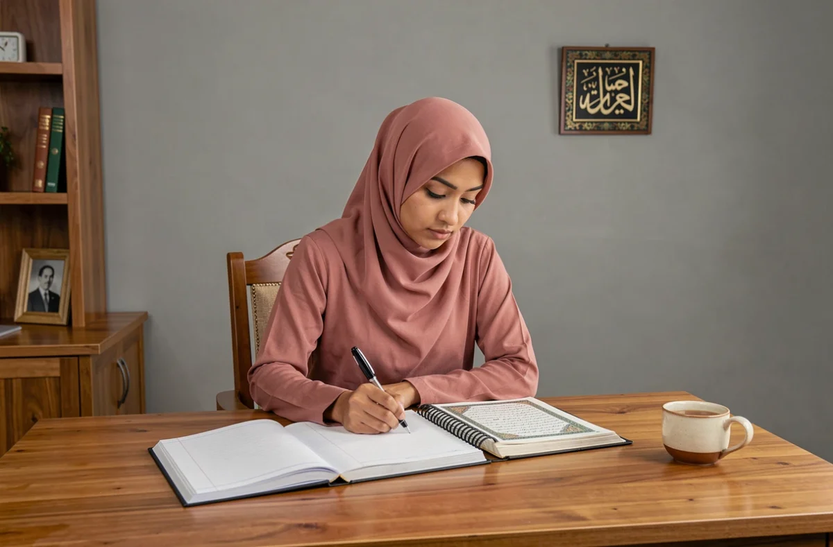 Femme voilée écrivant ses intentions dans un carnet posé près d'un Coran ouvert sur un bureau en bois pour vérifier son projet halal