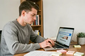 Jeune homme vérifiant l'URL officielle d'un site web sur son ordinateur portable dans un bureau à domicile