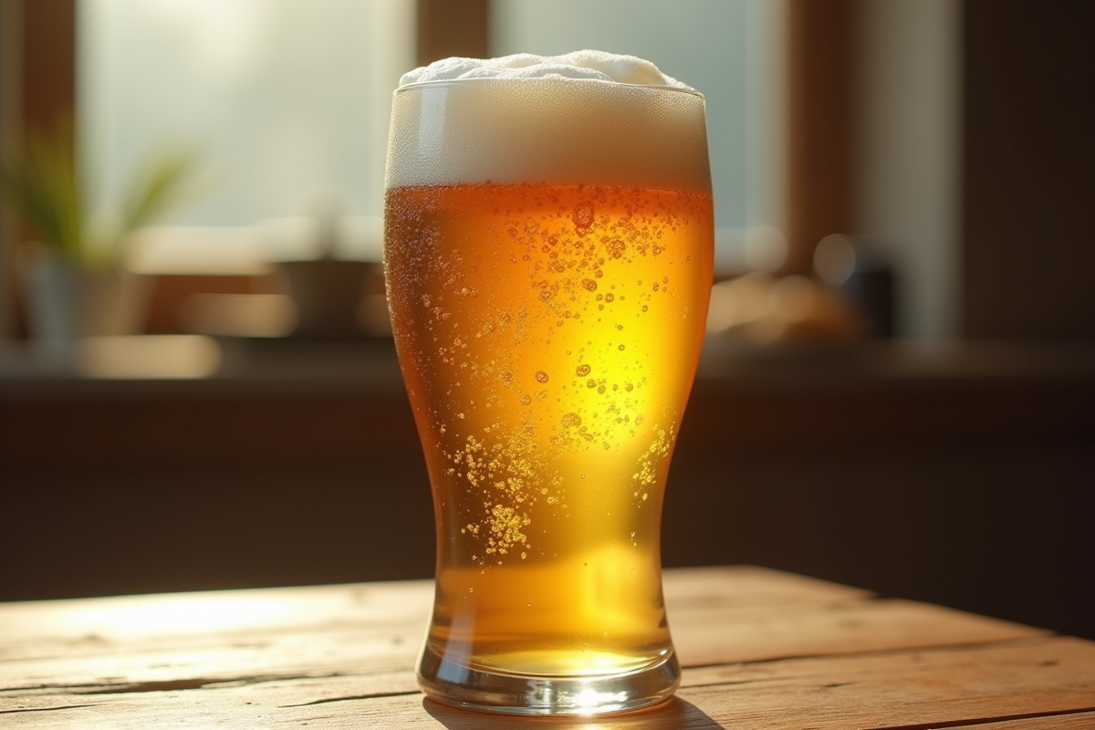Verre de bière blonde avec mousse fraîche en lumière naturelle