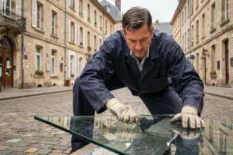 Vitrier professionnel transportant une grande vitre dans une ville des Pays de la Loire