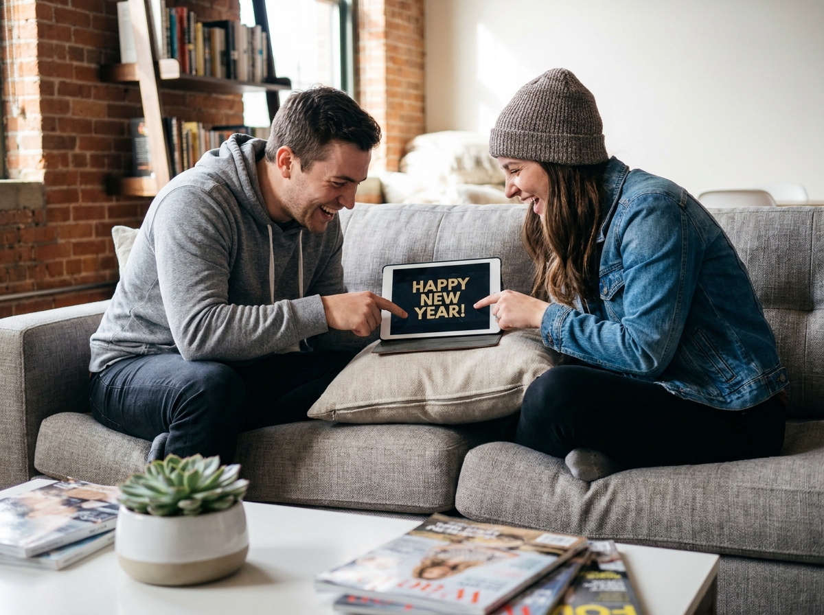 Deux amis millennials rédigeant ensemble un message de vœux original pour 2026 sur une tablette dans un appartement moderne