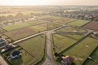 Vue aérienne d'un terrain divisé en plusieurs parcelles à bâtir