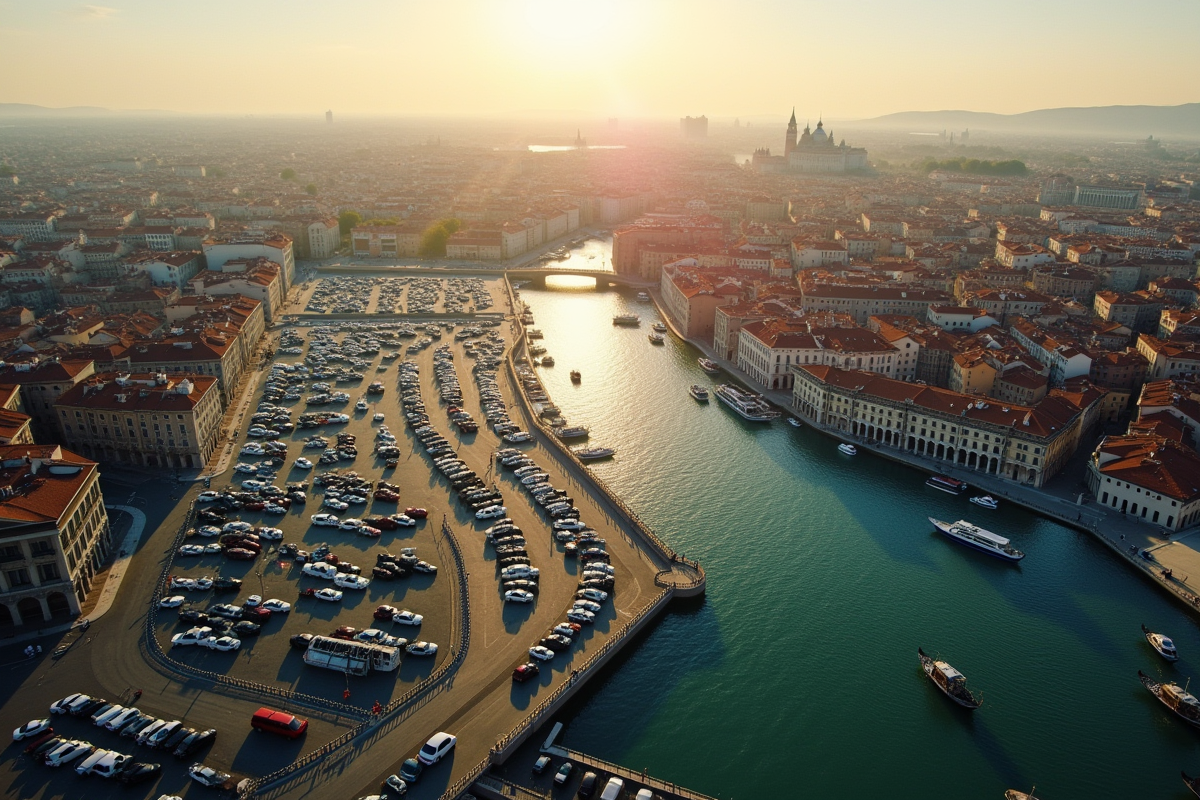 Vue aérienne des parkings et accès à Venise au lever du soleil