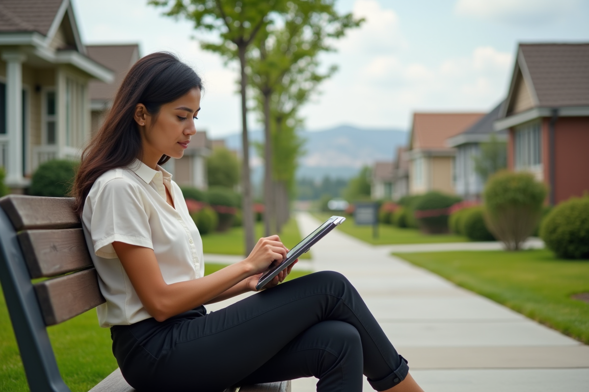 Jeune femme regardant des documents sur une tablette dans le quartier résidentiel