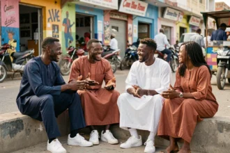 Groupe de jeunes adultes sénégalais en conversation animée dans un quartier urbain de Dakar, illustrant l'usage de l'expression wolof Yomb Def dans un contexte social authentique