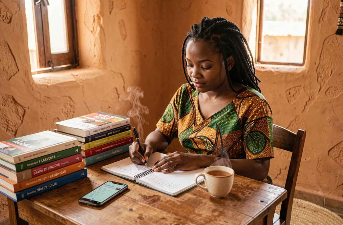 Femme sénégalaise étudiant le sens et l'étymologie de l'expression wolof Yomb Def dans un bureau à domicile chaleureux, entourée de livres de linguistique et de culture africaine