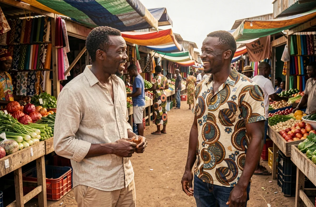 Deux hommes sénégalais en pleine discussion expressive sur un marché en plein air, incarnant l'usage naturel et spontané de l'expression Yomb Def dans la vie quotidienne wolof